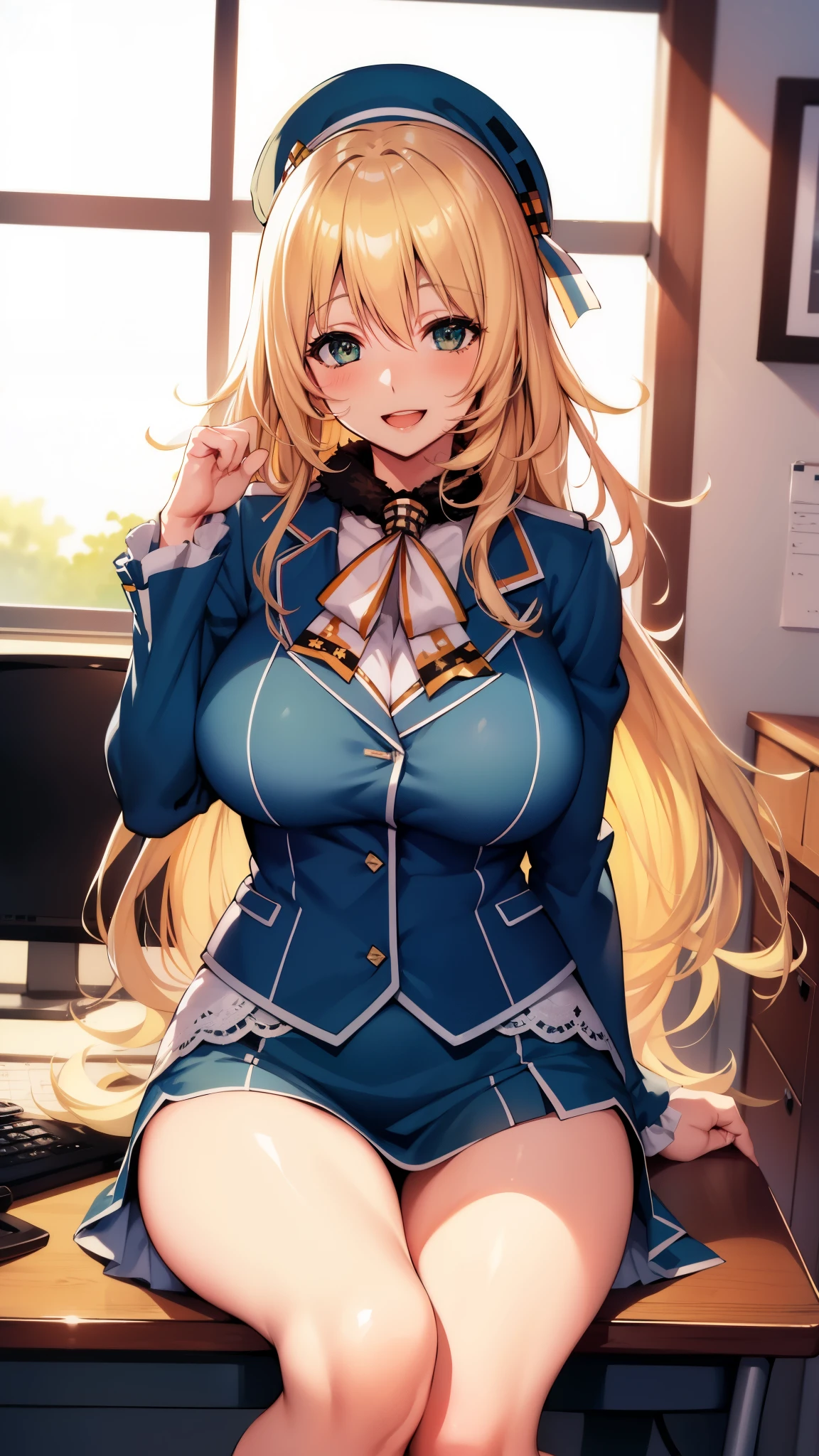 , Looking at Viewer,
blonde hair, large breasts, Smile, Open mouth, smile,wide hips,long hair,indoor,uniform,AtagoKC, (Atago) uniform,beret,sitting,office,desk,chair