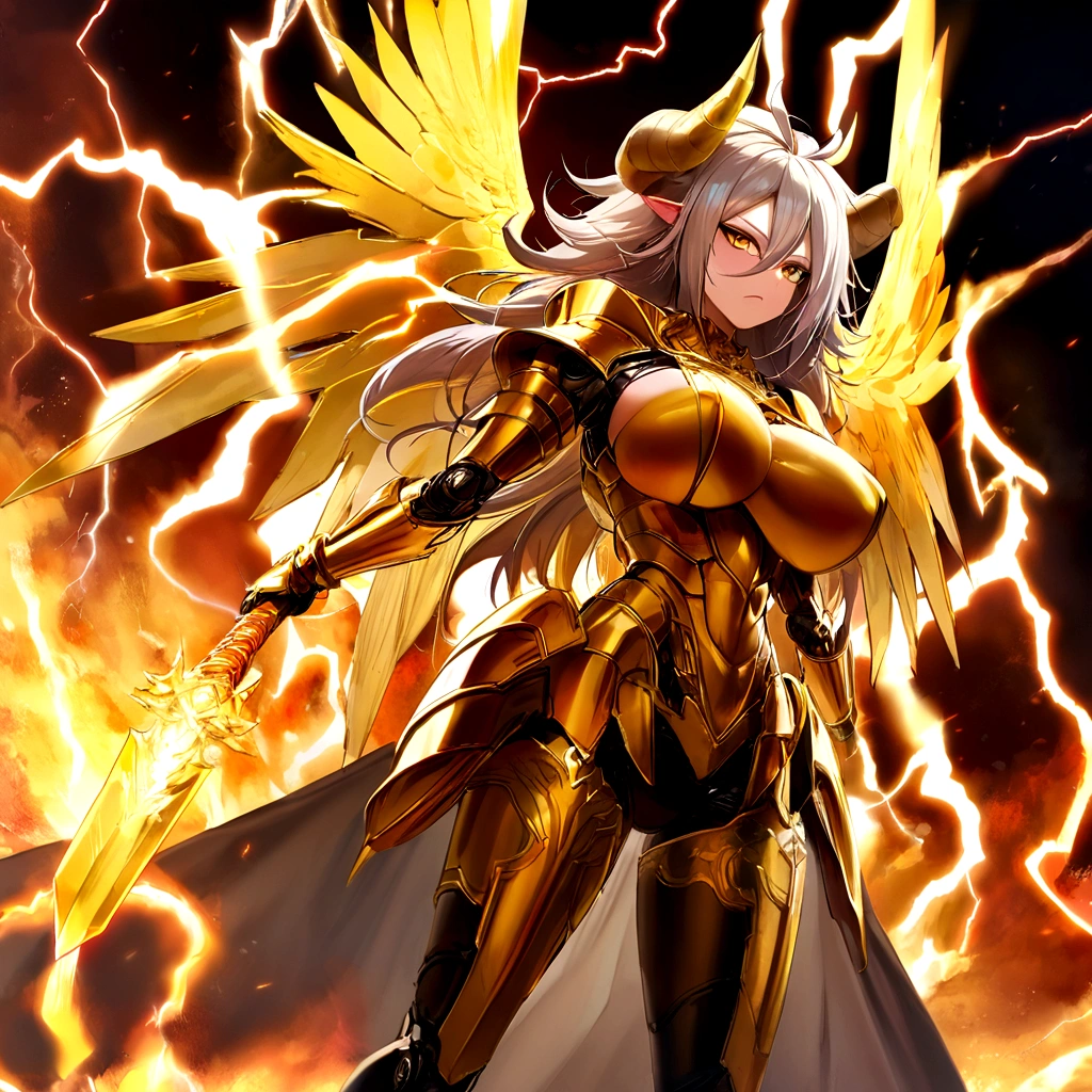 ((Lightning Power)), ((Electricity)), ((Fire Background)), ((Lightning Storm)), ((Power Erupting)),((((android 21 Evil)))), (((white Coat))), (((Busty))), (((((Big breast:1,3)))), luxury bustier corset, (((silver hair))), (((Very slim waist))), propotional body, ((Gorgeous)), (((gold wings))), masterpiece, hyperdetail, ambient effect, digital effect, (((FIRE SWORD)), (((Lightning Sword))), (((Fire Gold Armor))), (((Lightning Gold Wings))), (((Fire Demon Horns)))