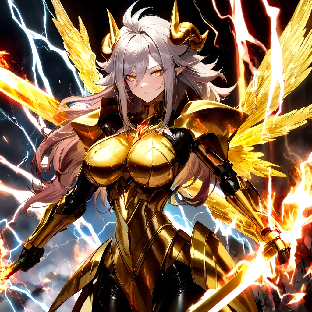 ((Lightning Power)), ((Electricity)), ((Fire Background)), ((Lightning Storm)), ((Power Erupting)),((((android 21 Evil)))), (((white Coat))), (((Busty))), (((((Big breast:1,3)))), luxury bustier corset, (((silver hair))), (((Very slim waist))), propotional body, ((Gorgeous)), (((gold wings))), masterpiece, hyperdetail, ambient effect, digital effect, (((FIRE SWORD)), (((Lightning Sword))), (((Fire Gold Armor))), (((Lightning Gold Wings))), (((Fire Demon Horns)))