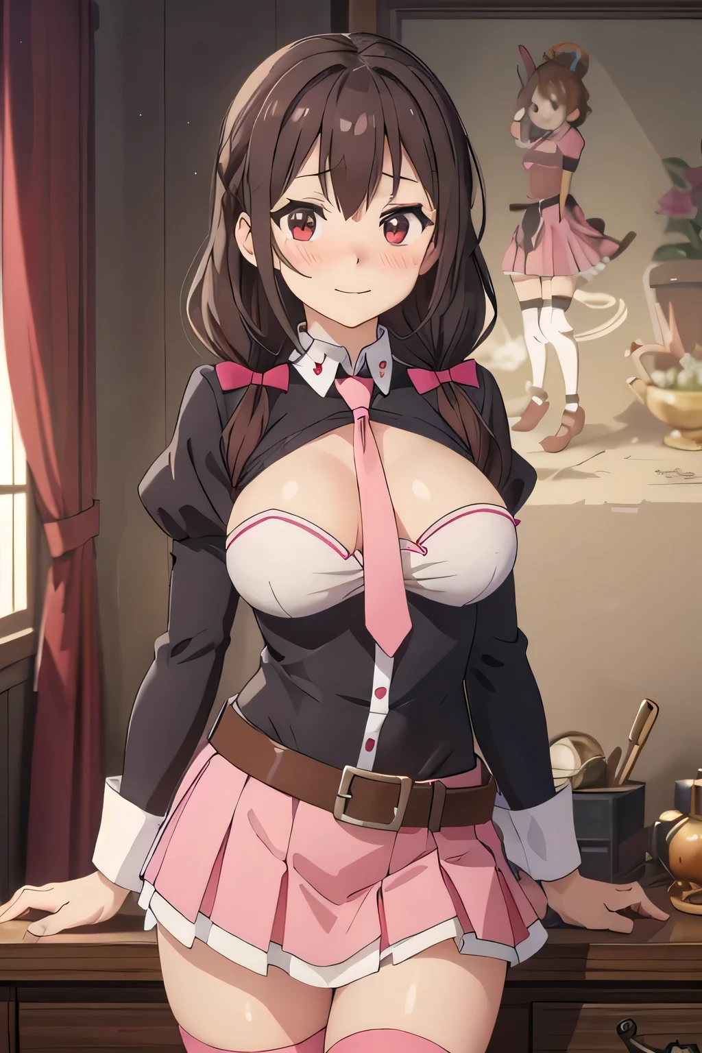 itch, One girl, alone, Portraiture, Upper Body, close, Big Breasts, View Viewer, Crown Blade, shirt, collar, Juliet Sleeve, Cleavage cutout, Low twin tails, Pink mini skirt, Knee socks, tie, belt, Contorting the mouth, Blushing, Perfect quality, good quality, masterpiece, High resolution, 超High resolution