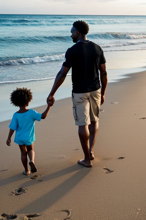 2 black people, male,female, holding childs hand,light skinned black, female, walking on the beach, near the ocean, white sand