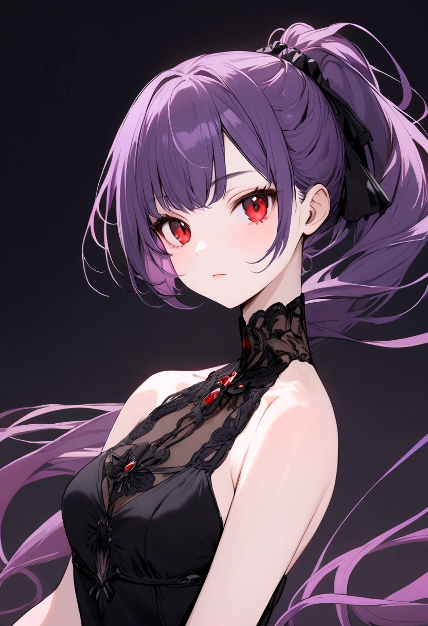 purple haired girl, waist length ponytail, red eyes, wearing black dress like model,