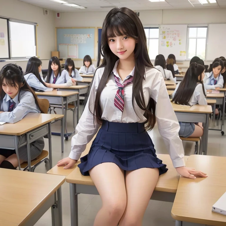 beautiful girl sitting on desk in classroom with other students, beautiful high school girl, a hyperrealistic , realistic , hyperrealistic , visual of a cute girl, seductive girl, standing in class, japanese high school, surprised look