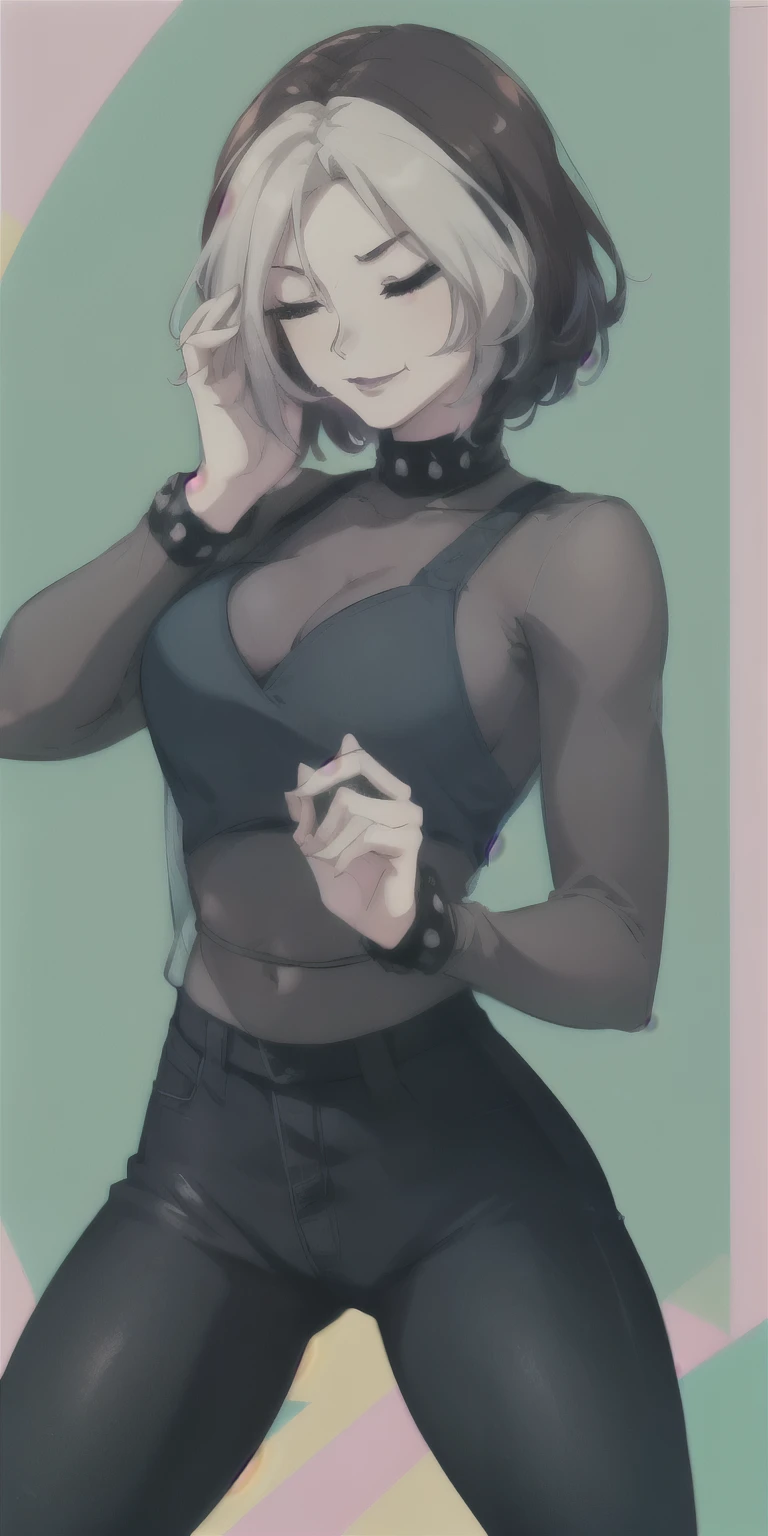 ((best quality)), ((masterpiece)), (robust), anime style, best quality 1girl, portrait, ultra detailed, pretty face, perfect anatomy, Solo, pale skin, pink green hair, perfect hair, bangs, ((Eyes closed)), shirt, jacket, jeans, arms, Hands on , thick legs, big thigh, possession, blue background, Fortnite,
information