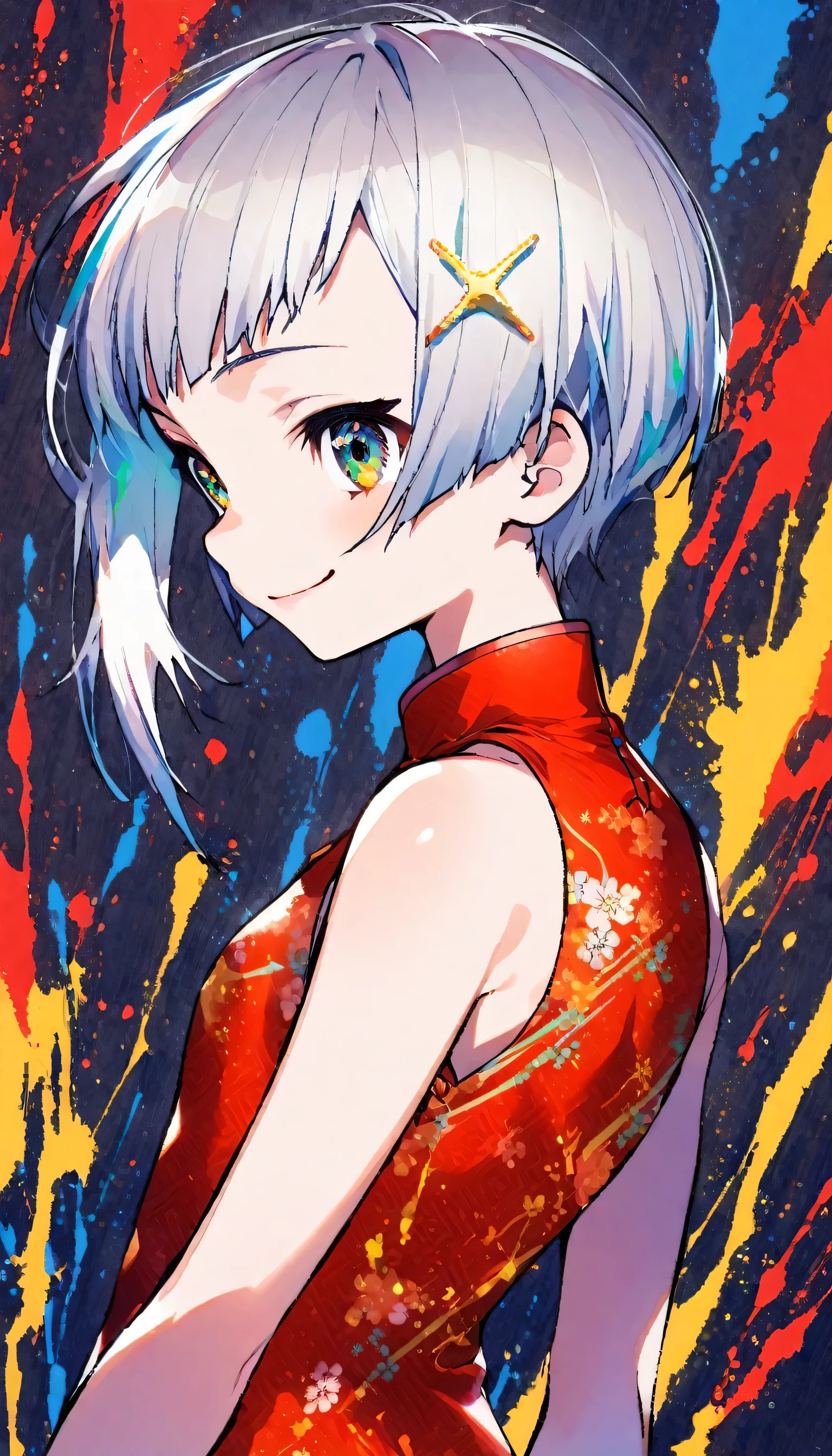 1girl, kawaii, smile, slender body, ((boyish hair, very short silver hair )), (flat chest:1.3), sparkling, red dress, Chinese dress, standing, upper body shot, vivid color, colorful paint splash:1.5
