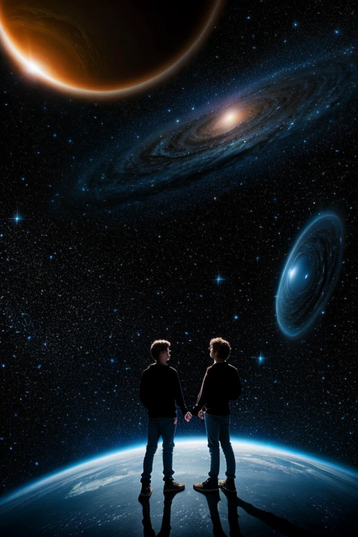 An image showing two teenage male philosophers talking with a background of universes with supernovas and a black hole in the background