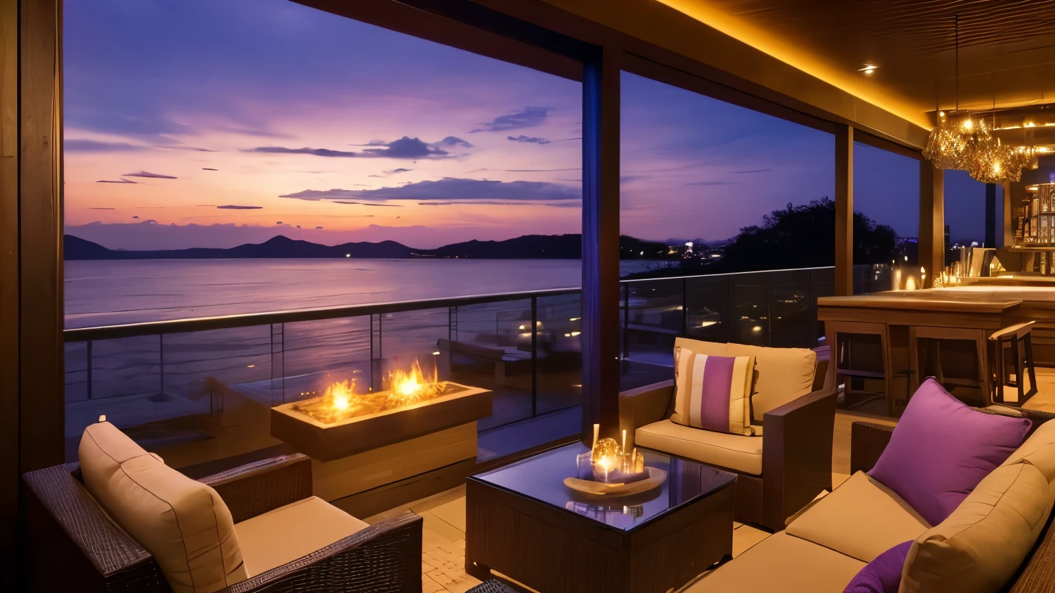 Imagine an outdoor terrace at sunset., Where the sky fades into dusk over the sea. The plush purple sofa and cushions will make you feel relaxed., Glass barrier、Enjoy unobstructed views of the horizon。. Candles and hanging lights resembling glass bottles add to the atmosphere., Casts a warm light throughout the space. background, The indoor bar is attractive, with shelves lined with bottles and glasses.. wood, wrapped in purple light, Add a whimsical touch to a luxurious setting, Perfect for a quiet evening or social gathering.