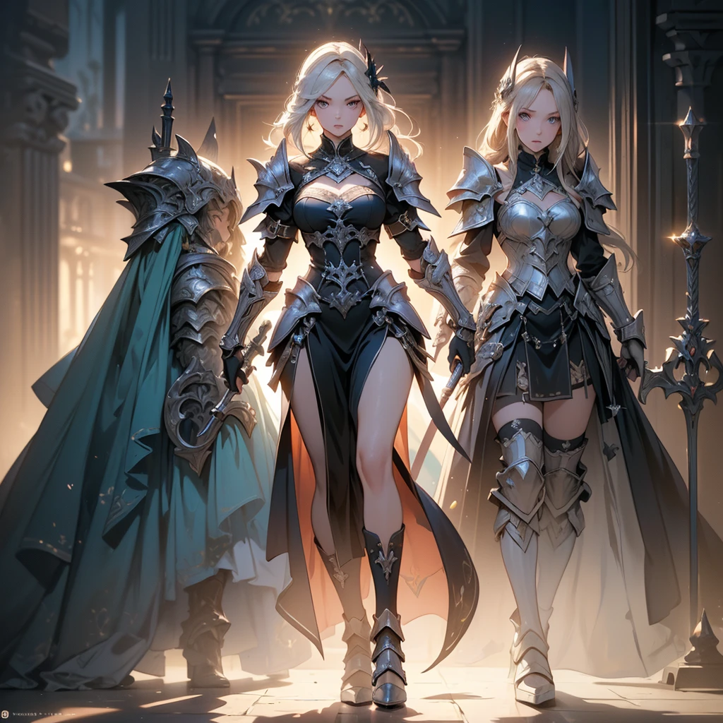 (((masterpiece, best quality, high detailed, 8k))) Design a layout showcase Gaming character, (1girl). Imposing and physically powerful, with a towering stature and a formidable presence. Dark, ornate armor that signifies high status and role as an Accuser. (showcase weapon:1.4), Cosmi-Rod, a powerful hammer capable of immense destruction. (masterpiece:1.2), (best quality), 4k, ultra-detailed. (Step by step design, layout art:1.5), (luminous lighting, atmospheric lighting). warrior, ((glove full hands)), (((revealing clothes:1.3))), vambraces, armored legwear, (((full_body_shot:1.4))).