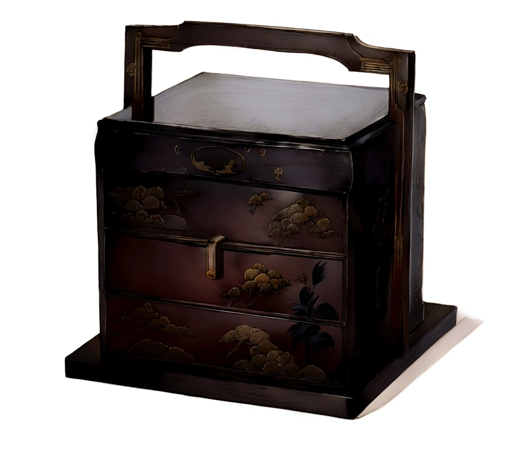there is a wooden box with a handle on it, ( ( ( art deco ) ) ), an ancient, 1 4 8 0 s, 1840, by Shūbun Tenshō, lacquerware, an antique, by Kano Tan'yū, 1800, box, gujian, untitled