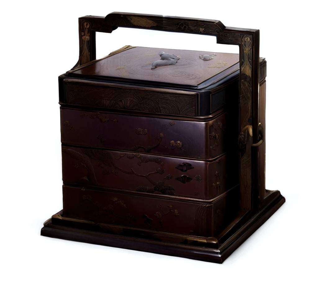 there is a wooden box with a handle on it, ( ( ( art deco ) ) ), an ancient, 1 4 8 0 s, 1840, by Shūbun Tenshō, lacquerware, an antique, by Kano Tan&#39;yū, 1800, box, gujian, untitled