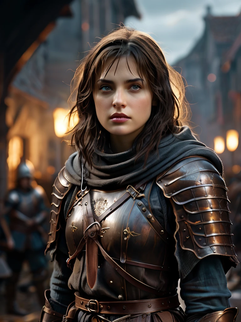 Joan of arc with dark brown hair in armor leading soldiers into battle, background dark, hyper realistic, ultra detailed hyper realistic, photorealistic, Studio Lighting, reflections, dynamic pose, Cinematic, Color Grading, Photography, Shot on 50mm lens, Ultra-Wide Angle, Depth of Field, hyper-detailed, beautifully color, 8k, Detailed background, dark light, twilight lighting, Volumetric lighting, intricate details, ultra high definition,