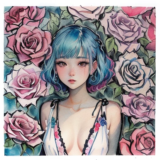 painting of a woman with blue hair and a white dress surrounded by pink roses, roses in her hair, inspired by Itō Shinsui, lofi portrait, inspired by Yanagawa Nobusada, lofi girl, inspired by Harumi Hironaka, watercolor pencil + ink drawing, inspired by Takehisa Yumeji