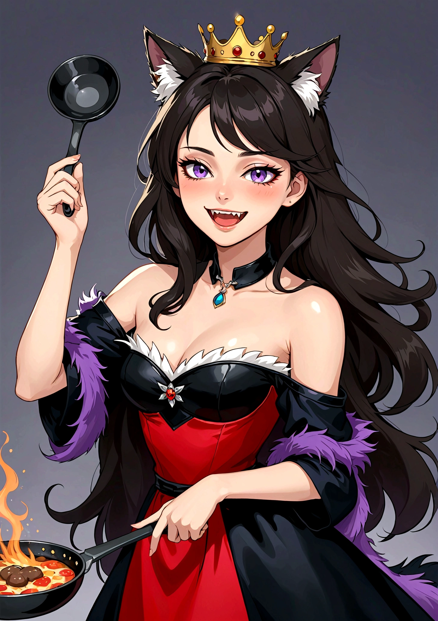 Anime girl holding a frying pan,laughing out loud,Fangs,Black eyes,A mole under the eye,Purple eyeshadow purple eyelids,Black long hair,Cat ears,Small Crown,Red off-shoulder dress,Fur collar shawl,wave,Slender neck