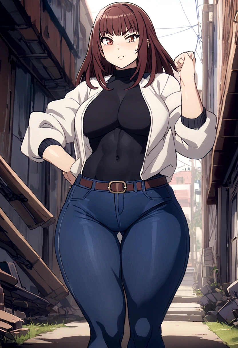 Pretty , kiruko tengoku daimakyou, wrestlering ring background,  tight jeans , thicc thighs  , 