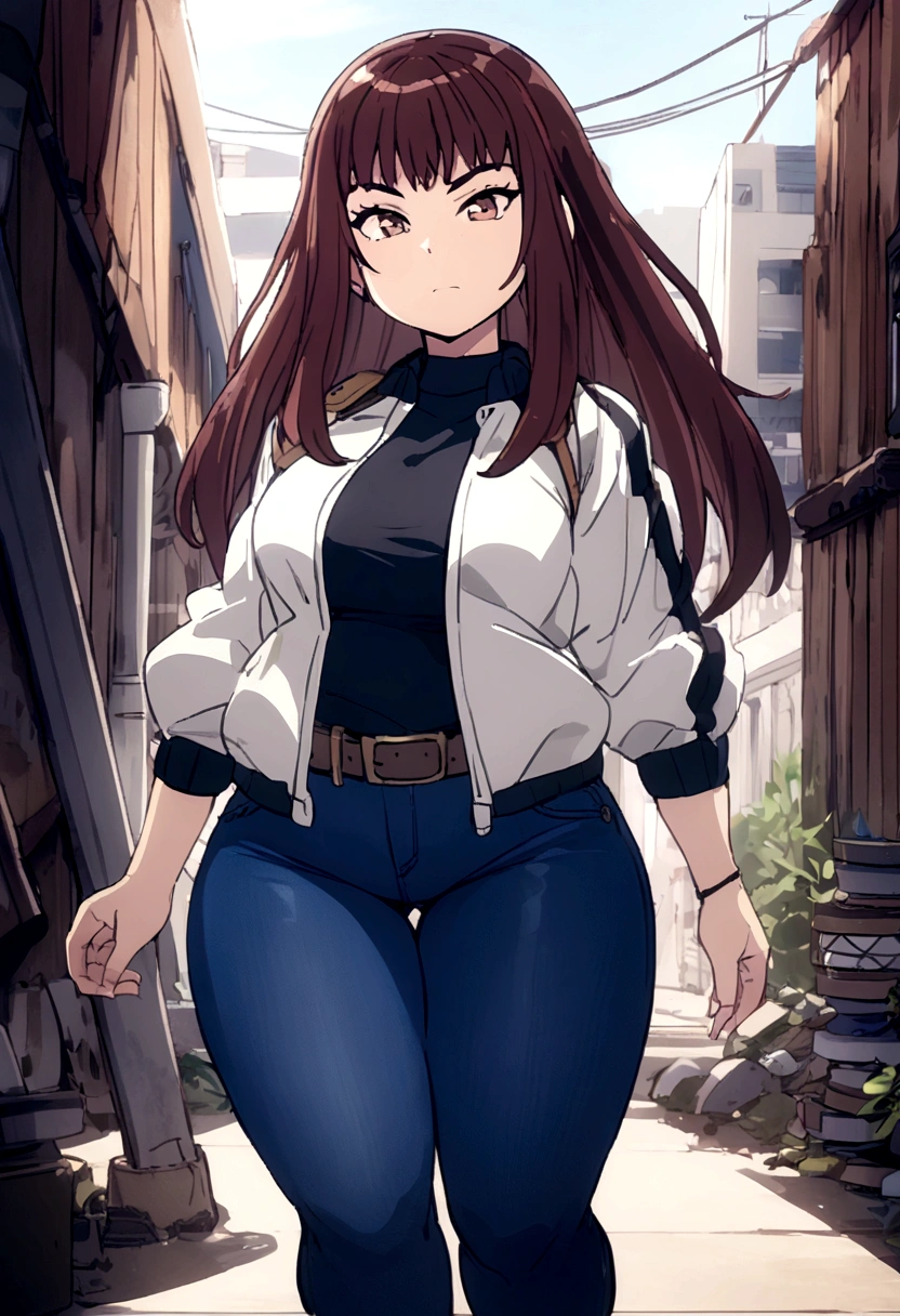 Pretty , kiruko tengoku daimakyou, wrestlering ring background,  tight jeans , thicc thighs  , 