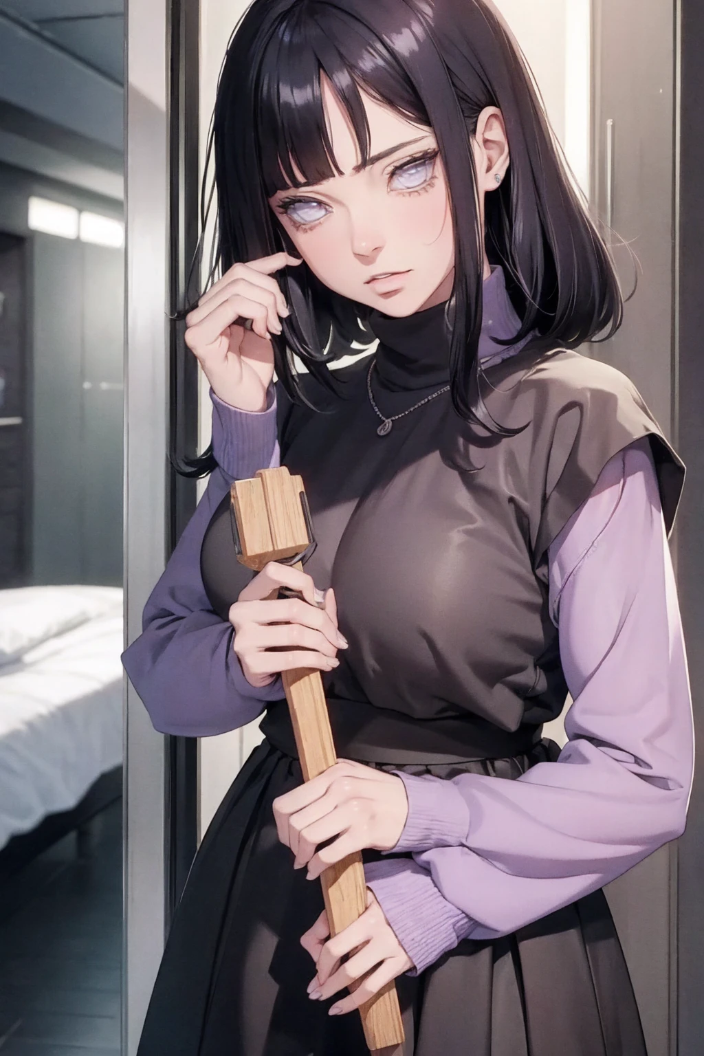 2d, Character female, {{35 years old}}, for an RPG based in the Naruto universe by Masashi Kishimoto, specially in hyuga clan; Appearance inspired by Wraith / Apex Legends, with byakugan-gray eyes, kind and sweet expression; medium and dark hair; wearing ninja lilac outfit]; artwork in Japanese animation style beautiful, high definition, masterpiece, {{high detailed eyes}}, grain filter, Detailed lips, high resolution, ultra-detalhado, retrato, mulher caucasiana, realista proportions, Anatomicamente preciso, bochechas rosadas; alta qualidade, premiado, high resolution, 8k, ((altamente detalhado:1.3)
