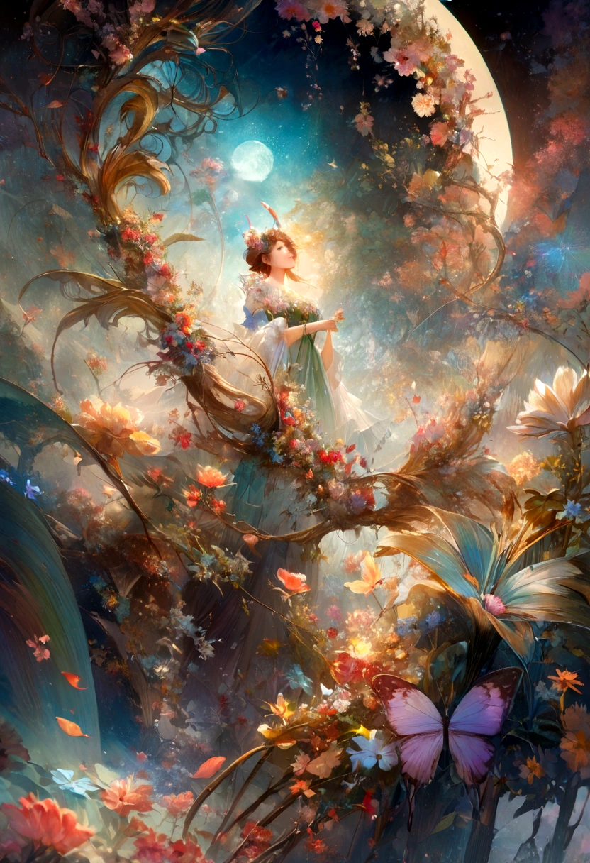 The background is greenblue,moon light,All expressed with jewels, the arrival of spring, various beautiful flower
, Beautiful Rainbow-colored feathers swallowtail butterfly,angles looking up from below, various jewels falling from the sky, wonderful and beautiful superb view, slightly hazy, fantastic, high resolution, 8K, (best quality, highres, realistic:1.37), shiny metallic flowers, intricate and delicate petals, reflective surfaces, vibrant colors, intricate details, close-up view, surreal garden, surreal beauty, dreamy atmosphere, fine art, abstract botanicals, metallic sculpture, contrasting textures, ethereal glow