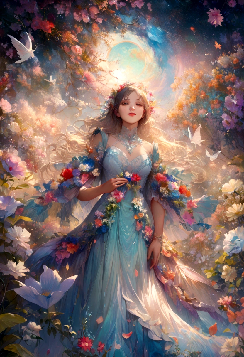 The background is greenblue,moon light,All expressed with jewels, the arrival of spring, various beautiful flower
, Beautiful Rainbow-colored feathers swallowtail butterfly,angles looking up from below, various jewels falling from the sky, wonderful and beautiful superb view, slightly hazy, fantastic, high resolution, 8K, (best quality, highres, realistic:1.37), shiny metallic flowers, intricate and delicate petals, reflective surfaces, vibrant colors, intricate details, close-up view, surreal garden, surreal beauty, dreamy atmosphere, fine art, abstract botanicals, metallic sculpture, contrasting textures, ethereal glow