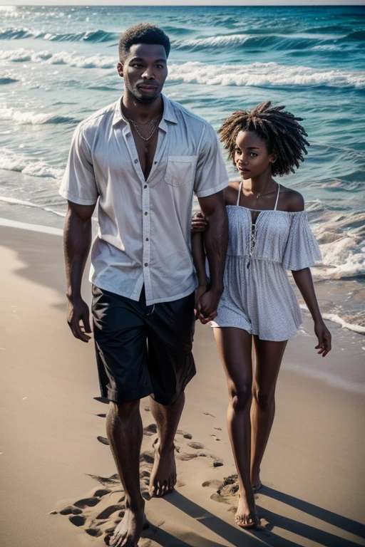 2 black people, male,female, holding childs hand,light skinned black, female, walking on the beach, near the ocean, white sand