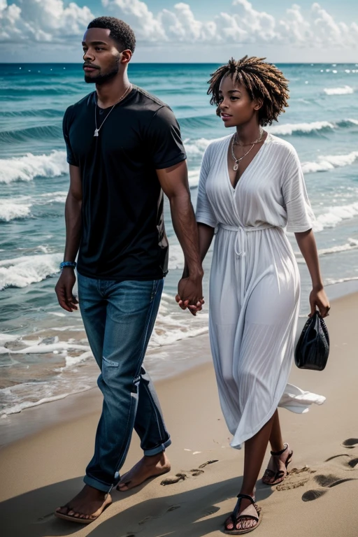 2 black people, male,female, holding childs hand,light skinned black, female, walking on the beach, near the ocean, white sand