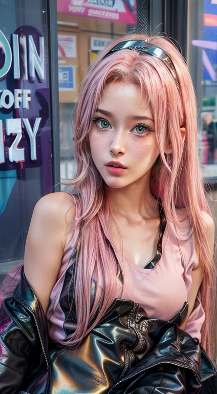 young woman, short shoulder-length pink hair, wide forehead, porcelain skin, pink eyebrows, big emerald green eyes, buttoned nose, full lips, heart-shaped face, slender body, small breasts, red tank top, Sakura Haruno , realistic, realism, details, 3d, well detailed