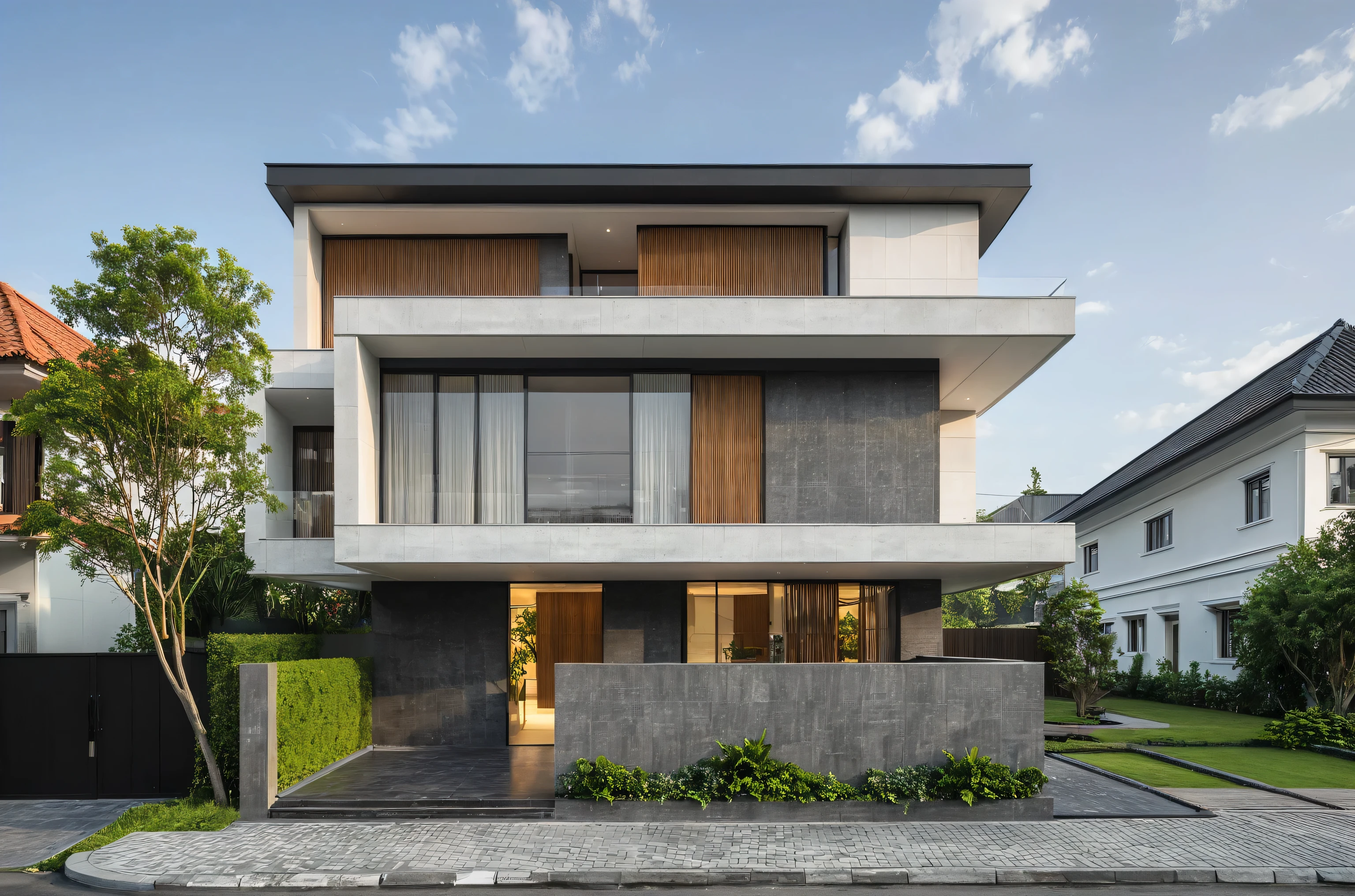 modern villa on street, (daylight), tropical tree, (slope roof, black tiled roof:1.2), vivid color, streetcapes, nice sky, grey tone, large glass door, warm interior lighting, modern material, best quality, ultra realistic, masterpiece, 17ArchiAI_XL_VL-v1
