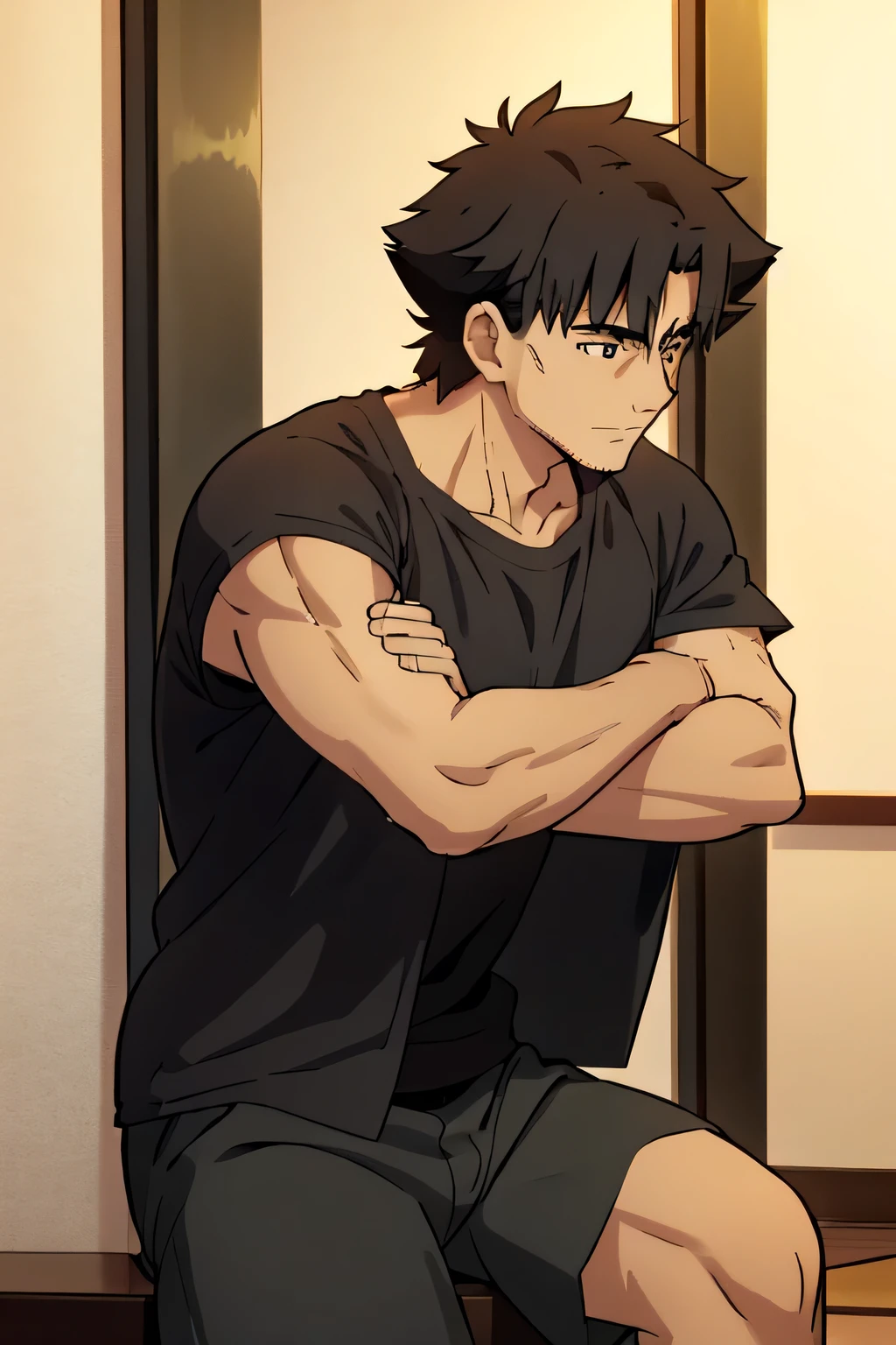 Kiritsugu is sitting and flexing his buff biceps and thighs. He wears black short boxershorts. You can see his thighs. He wears a black tshirt with short sleeves. His right sleeve is completely rolled up so you can see his entire arm and shoulder. He is showing his abs too. He is admiring his arms.