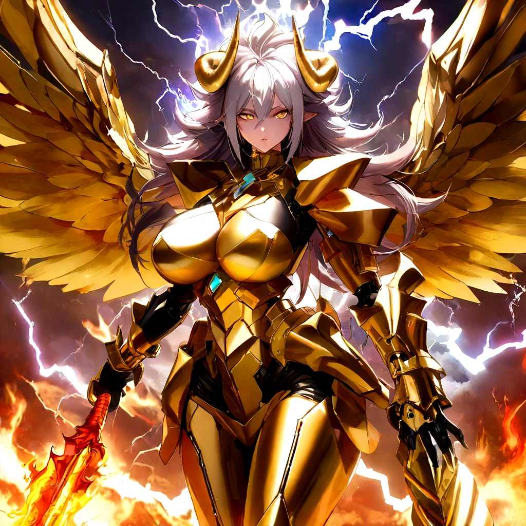 ((Lightning Power)), ((Electricity)), ((Fire Background)), ((Lightning Storm)), ((Power Erupting)),((((android 21 Evil)))), (((white Coat))), (((Busty))), (((((Big breast:1,3)))), luxury bustier corset, (((silver hair))), (((Very slim waist))), propotional body, ((Gorgeous)), (((gold wings))), masterpiece, hyperdetail, ambient effect, digital effect, (((FIRE SWORD)), (((Lightning Sword))), (((Fire Gold Armor))), (((Lightning Gold Wings))), (((Fire Demon Horns)))