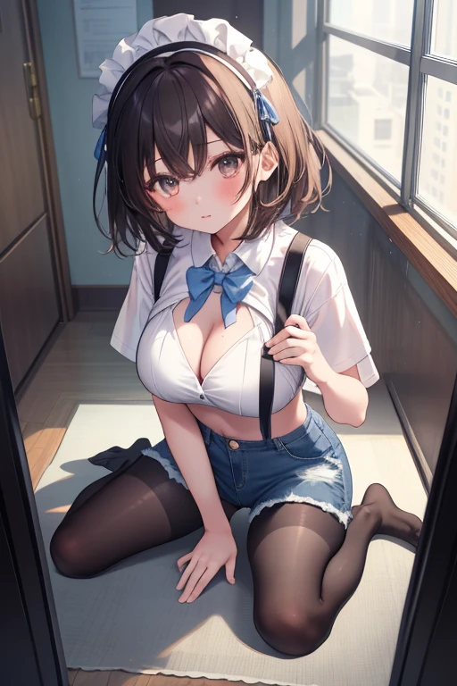 One Girl、Positive、From above、Full body portrait、Brown haired、Medium Haircut、blush、Absolute area、Knee socks、stockings、pantyhose、lace pantyhose、White underwear、Cleavage、Light blue cut shirt、Inside the school、Daytime、(Very big boobs)、((Full Body Lesbian))、masterpiece、(highest quality)、
Panties around the ankles、loafers,lol,happy,Denim shorts,Headdress
