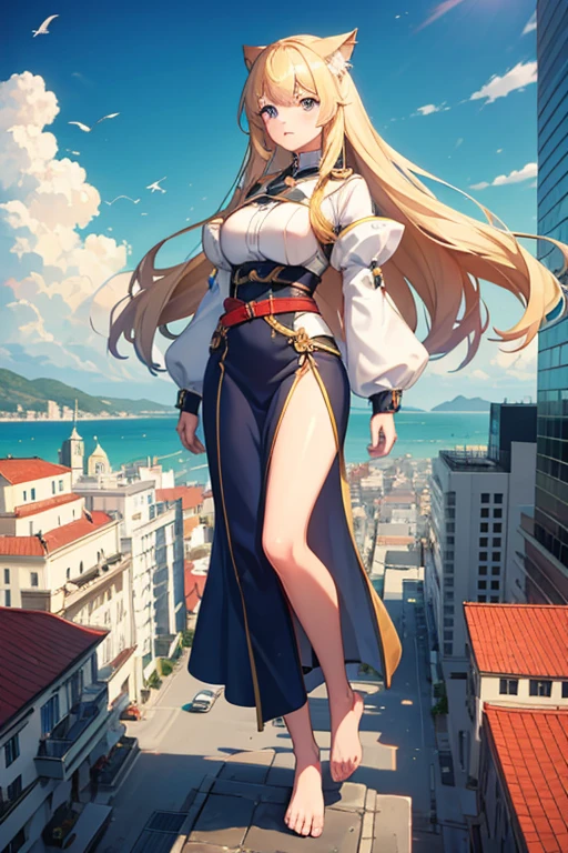 from birds view pov looking at the horizon where a gigantic blonde barefoot giantess girl walks towards a tiny city, her is bigger than a cat, horizon curvature, anime, woman