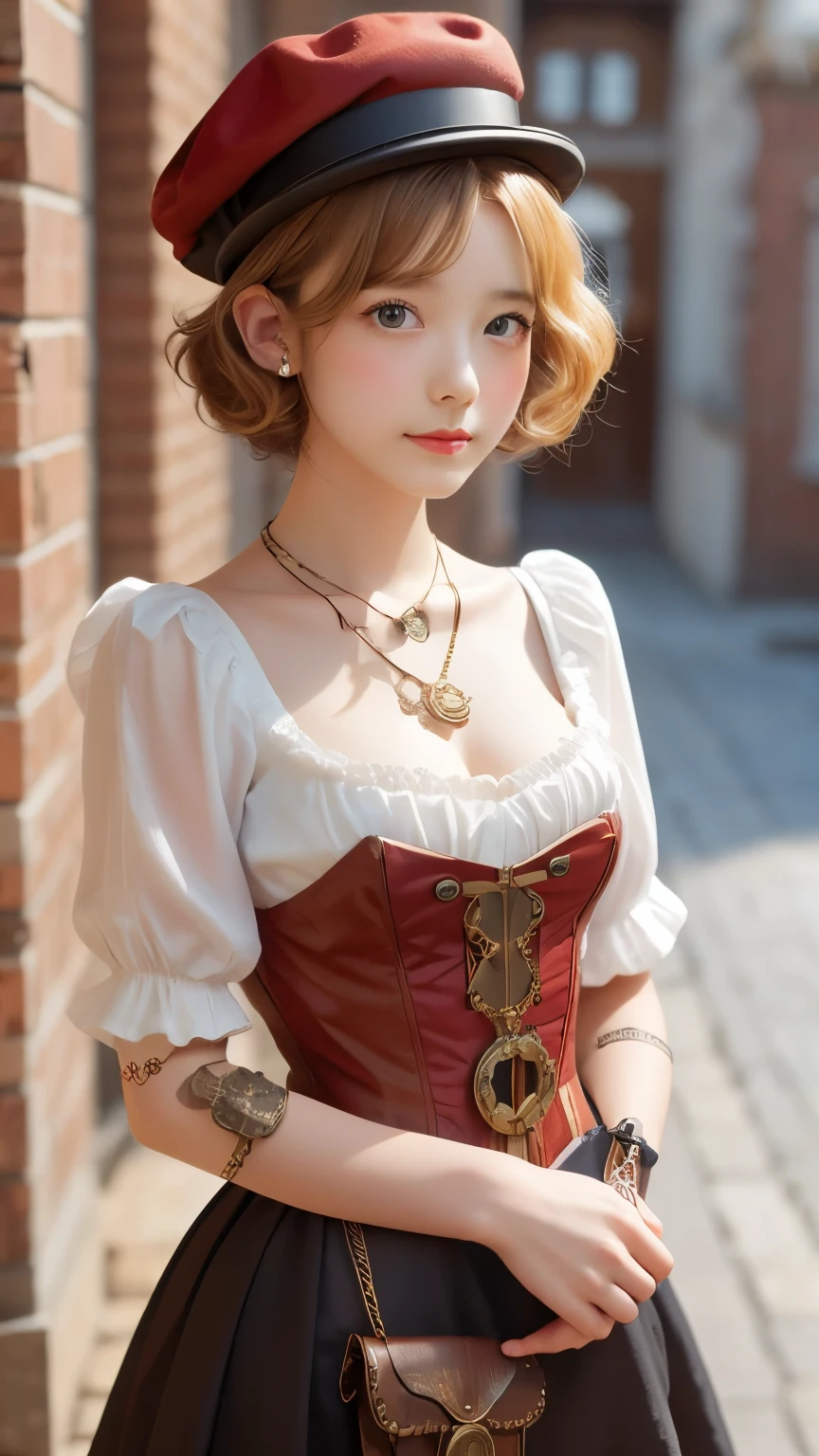 close, Straight blonde short curly hair girl little red hat, Necklace Watches, (Victorian era), ((steampunk)), Cinematography, worked, elegant, Scrupulous, grow, Maximum details, Extremely aesthetic, Exquisitely crafted, Lots of gear, Old town background