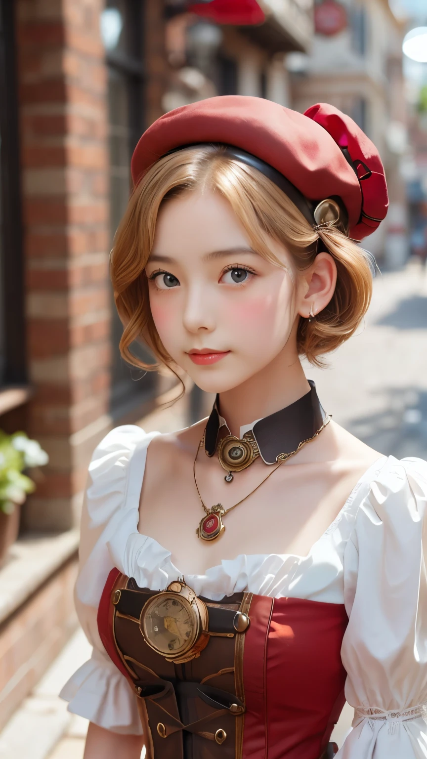 close, Straight blonde short curly hair girl little red hat, Necklace Watches, (Victorian era), ((steampunk)), Cinematography, worked, elegant, Scrupulous, grow, Maximum details, Extremely aesthetic, Exquisitely crafted, Lots of gear, Old town background