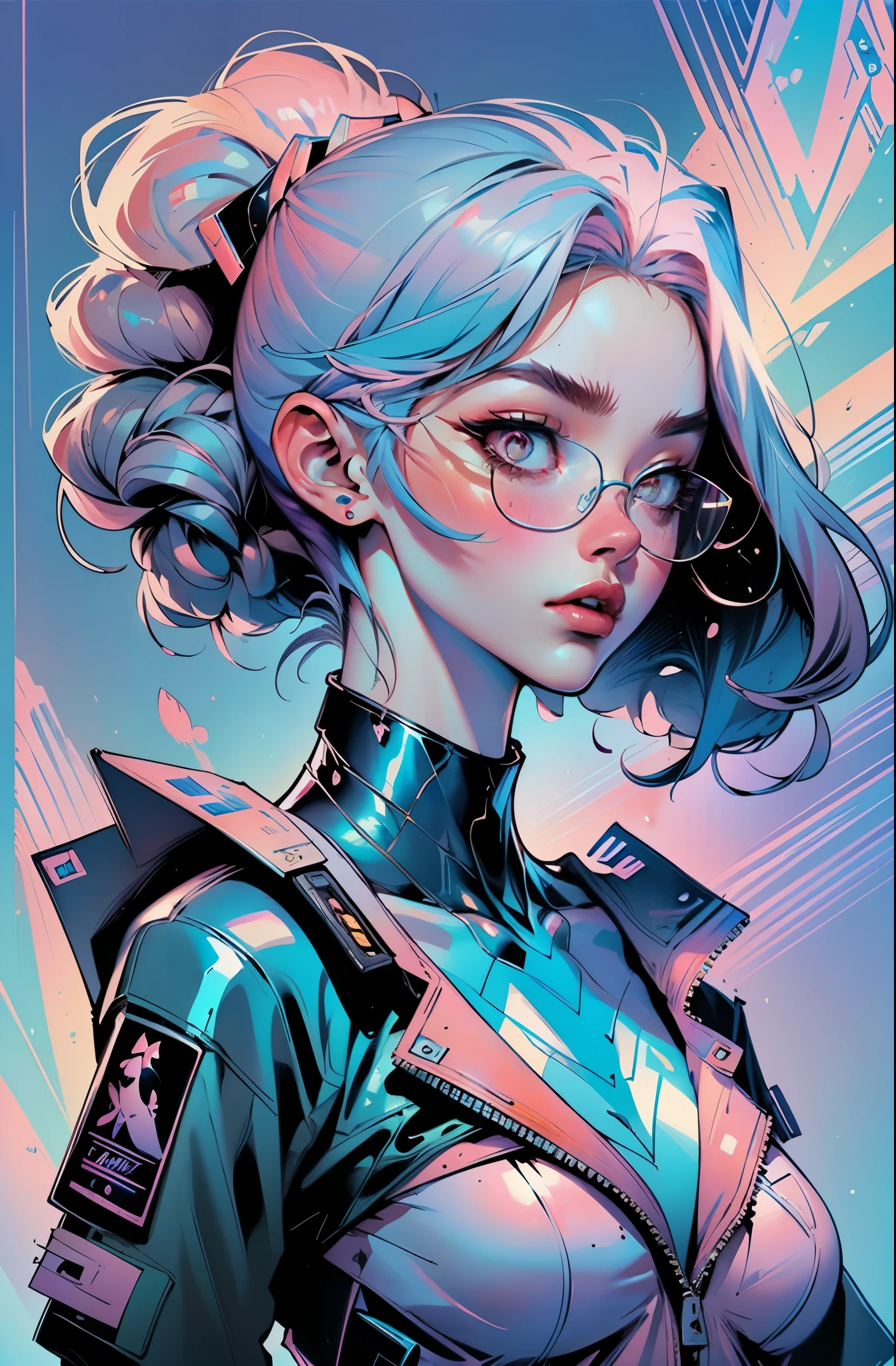 official art, unity 8k wallpaper, ultra detailed, beautiful and aesthetic, masterpiece, best quality, (cyberpunk female woman) wearing (Rose Quartz Pink Denim Jacket with chromatic accents:1.1), sleek full bodysuit, wearing sharp retro glasses, (Petal Blush,Lagoon Blue color background:1.3), art style of Patrick Nagel