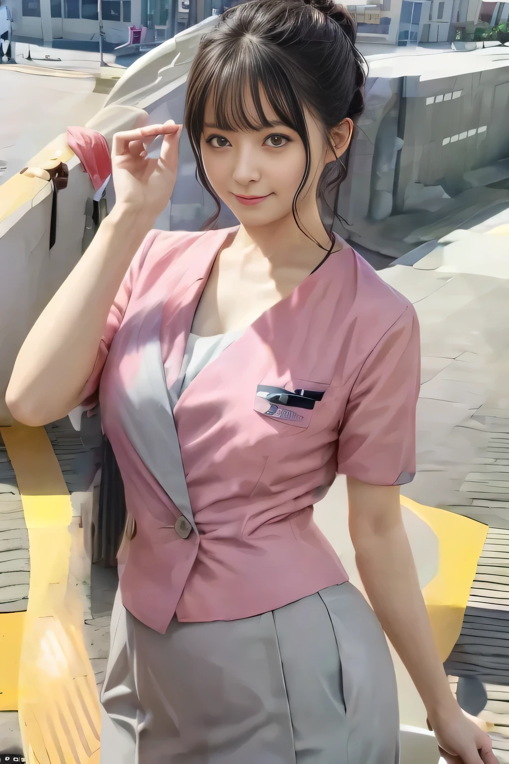 (masterpiece:1.2, highest quality:1.2), 32K HDR, High resolution, (alone、1 girl)、 (Height: 160cm)、（On the rooftop of a building in the daytime、Professional Lighting）、Building rooftop background、（Nankai train crew uniform pinkを着たリアルスタイル）、（Nankai train crew uniform pink short sleeve collarless pink jacket、Nankai Train Crew Uniform Pink Collarless Short Sleeve Blouse、Nankai Train Crew Uniform Pink Grey Knee-length Culottes）、Dark brown hair、（Hair tied up、Hair tied up、Evening curly hairstyle）、Dark brown hair、Long Shot、Big Breasts、Thin legs、（（Great hands：2.0）），（（Harmonious body proportions：1.5）），（（Normal limbs：2.0）），（（Normal finger：2.0）），（（Delicate eyes：2.0）），（（Normal eyes：2.0））)、smile、（Nankai Train Crew Uniform Pink Grey Knee-length Culottesを見せた美しい歩く姿）、Place your hands around your stomach、Lanyard employee ID card