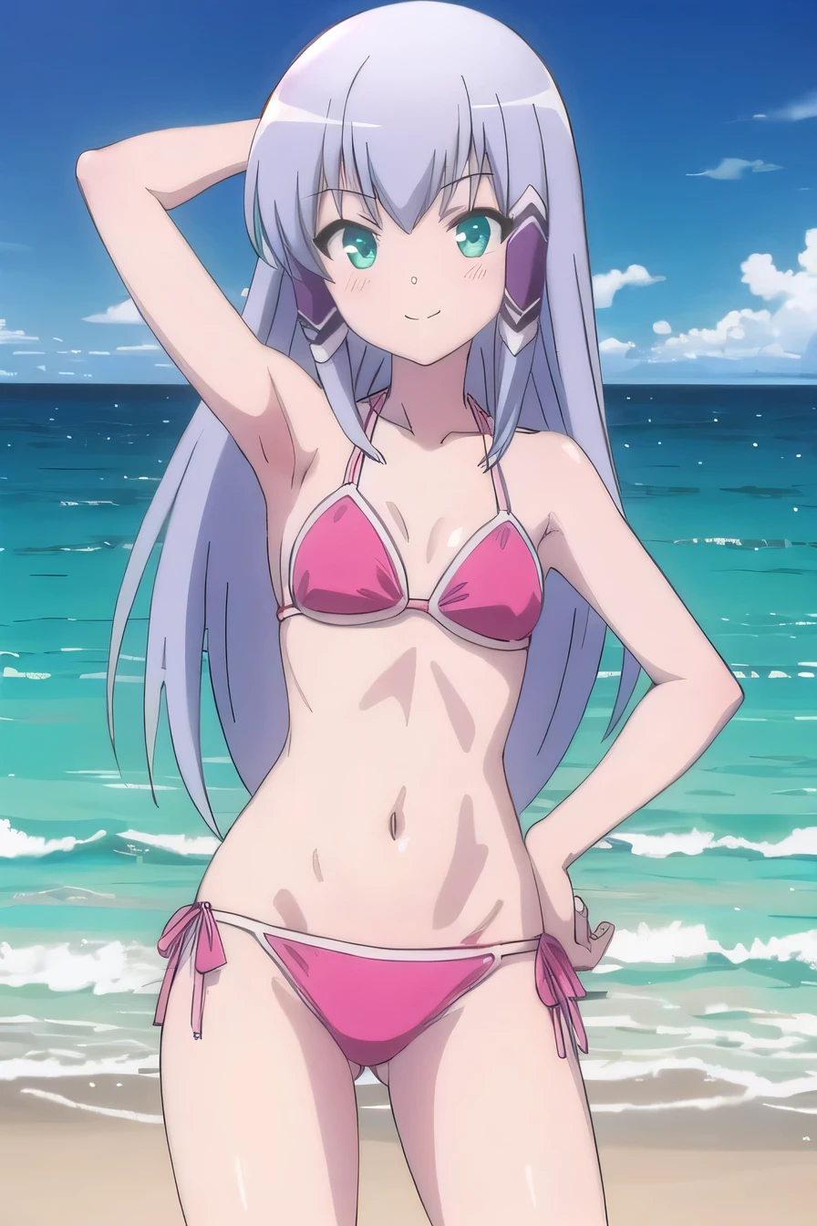 solo, 1girl, looking at viewer, 2D, anime, anime coloring, high quality, solo, night sky, beach, arm behind head, hand on hip, contrapposto, closed mouth, spread armpits, (cowboy shot:1.5), looking at viewer, smile, best quality, elze silhoueska, pink bikini, swimsuit, pink panty, smile, blushing, sleeveless,
