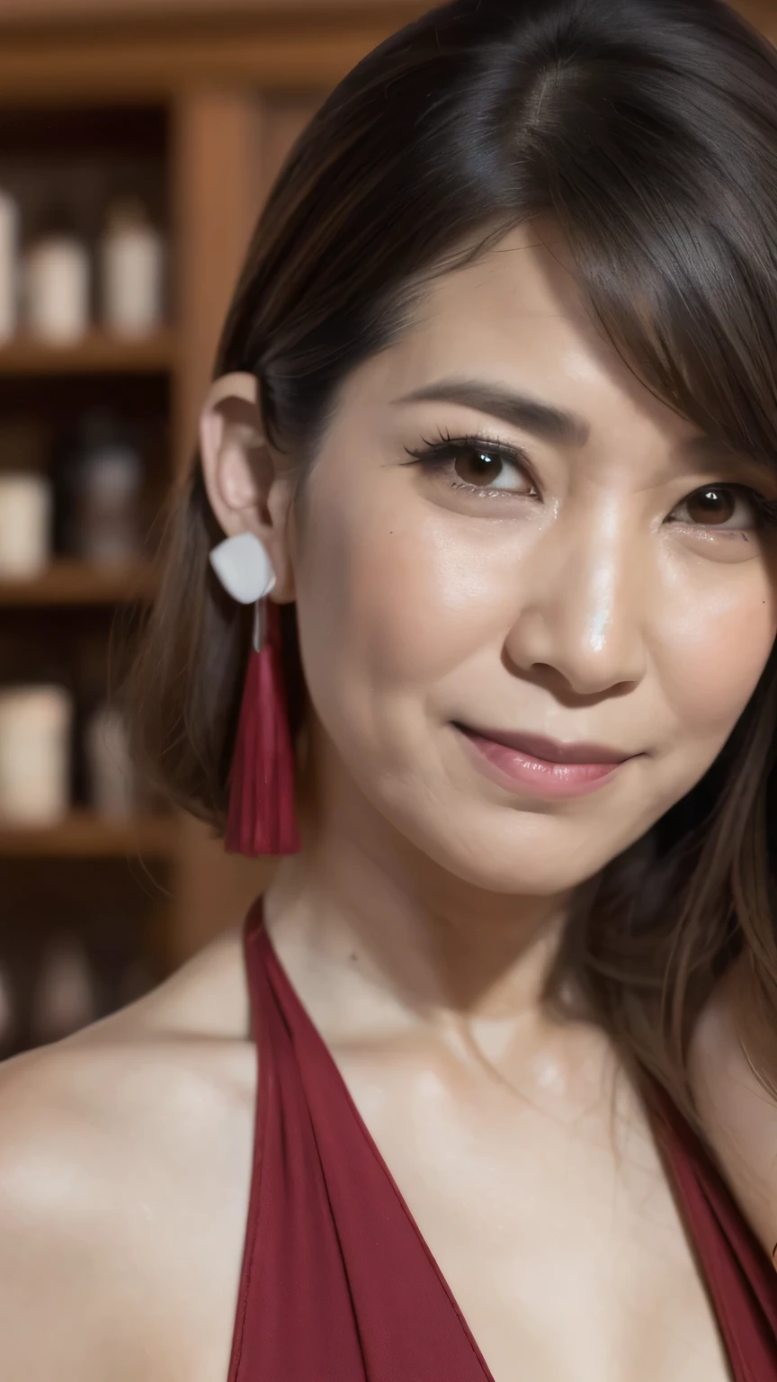 ((highest quality)), ((8K)), ((masterpiece:1.3)), (Perfect look), (Photorealism:1.6), (A walking Japanese mature woman), (Woman window shopping), Blurred Background, Japanese Mature, 62 years old, ((Realistic skin texture)), (Fine wrinkles all over the skin:1.3), (Dull skin:1.1), (Unmoisturized skin:1.2), (Facial wrinkles:0.9), (Wrinkles around the eyes:1.2), double eyelid, Tear bags on the lower eyelids, (Crying Mole:0.9), The eyes are watching me, Serious look, (Dimples on cheeks:1.2), (Short bangs:1.2), Long hair with curled ends, (Hair over the ears), Smiling with the corners of his mouth turned up, (Completely naked] 1.4), Hair blowing in the wind, Small breasts, (wine red lips), (Red high heels：1.2), (Standing posture, Full body portrait：1.4), (Angle from the feet：1.4),