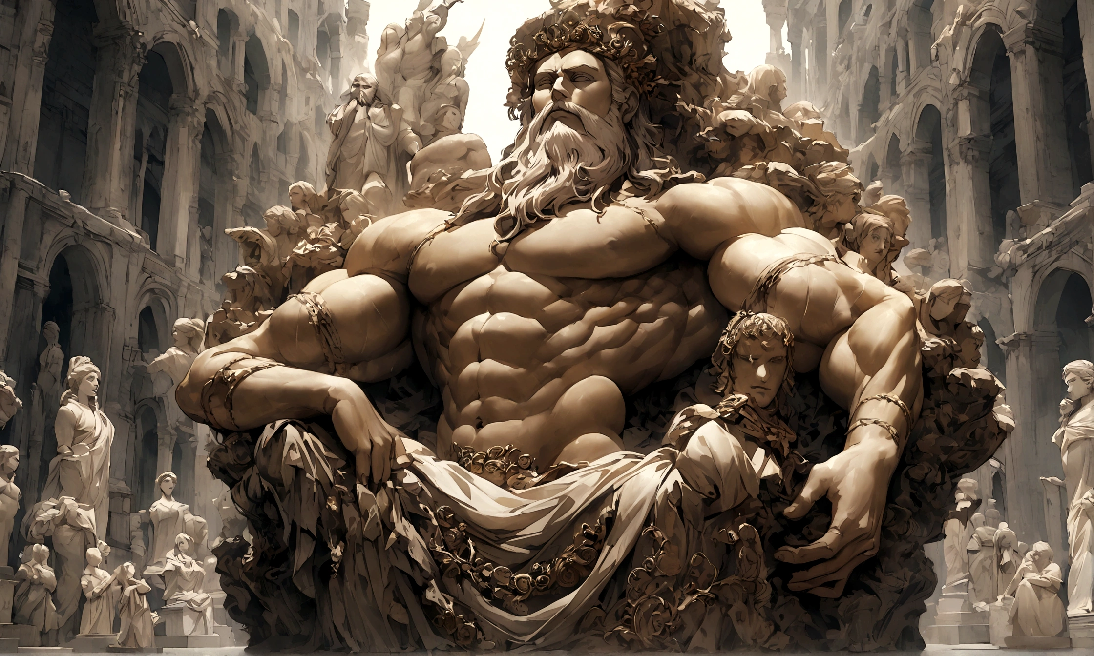 Stoic statue with muscles and beard