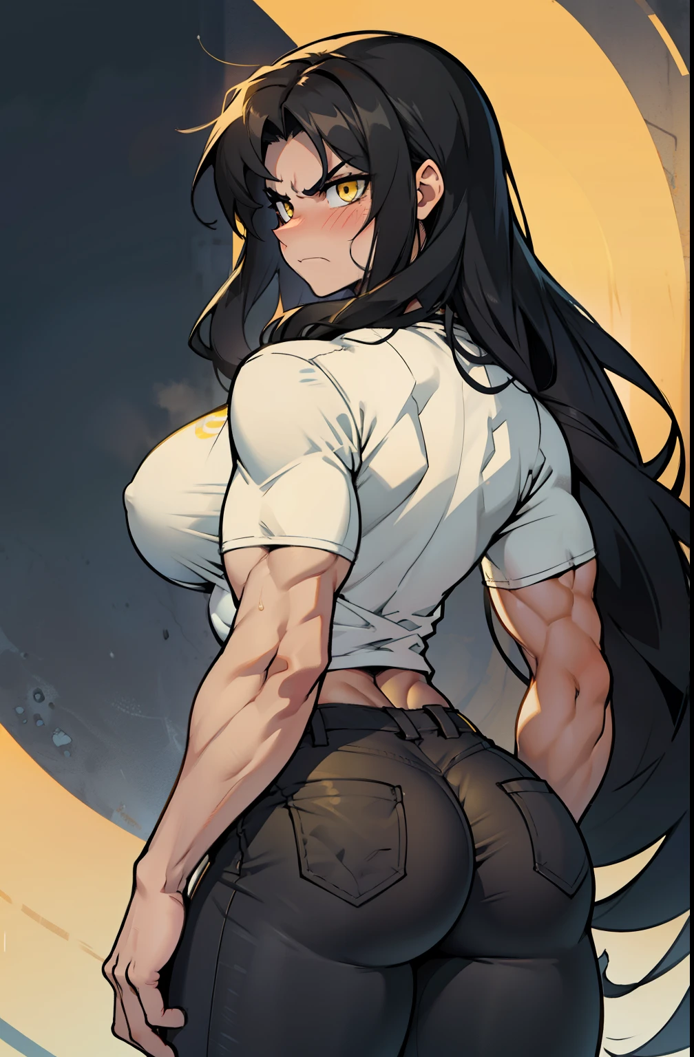1girl, extremely long hair, solo, ((muscular)), veins, black hair, yellow eyes, blushing, thick thighs, pale skin, strong, veins, abs, big thighs, huge , navel, angry, tight pants, tight shirt from behind