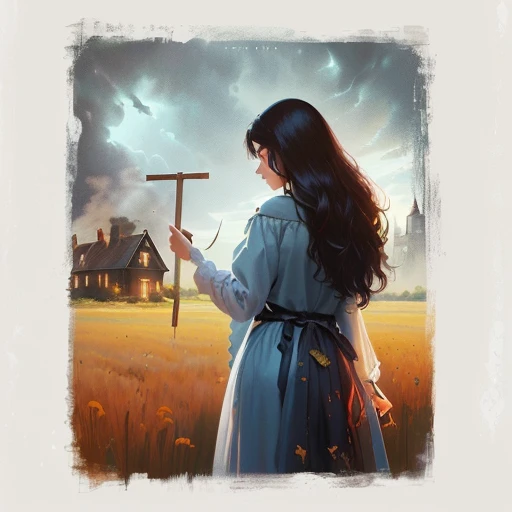 painting of a woman with a pick in a field with a house in the background, novel cover art for a book, art concept for a book cover, book cover illustration, art cover illustration, full color digital illustration, full color illustration, young adult fantasy novel cover, southern gothic art, a beautiful artwork illustration, stylized digital illustration, an ominous fantasy illustration