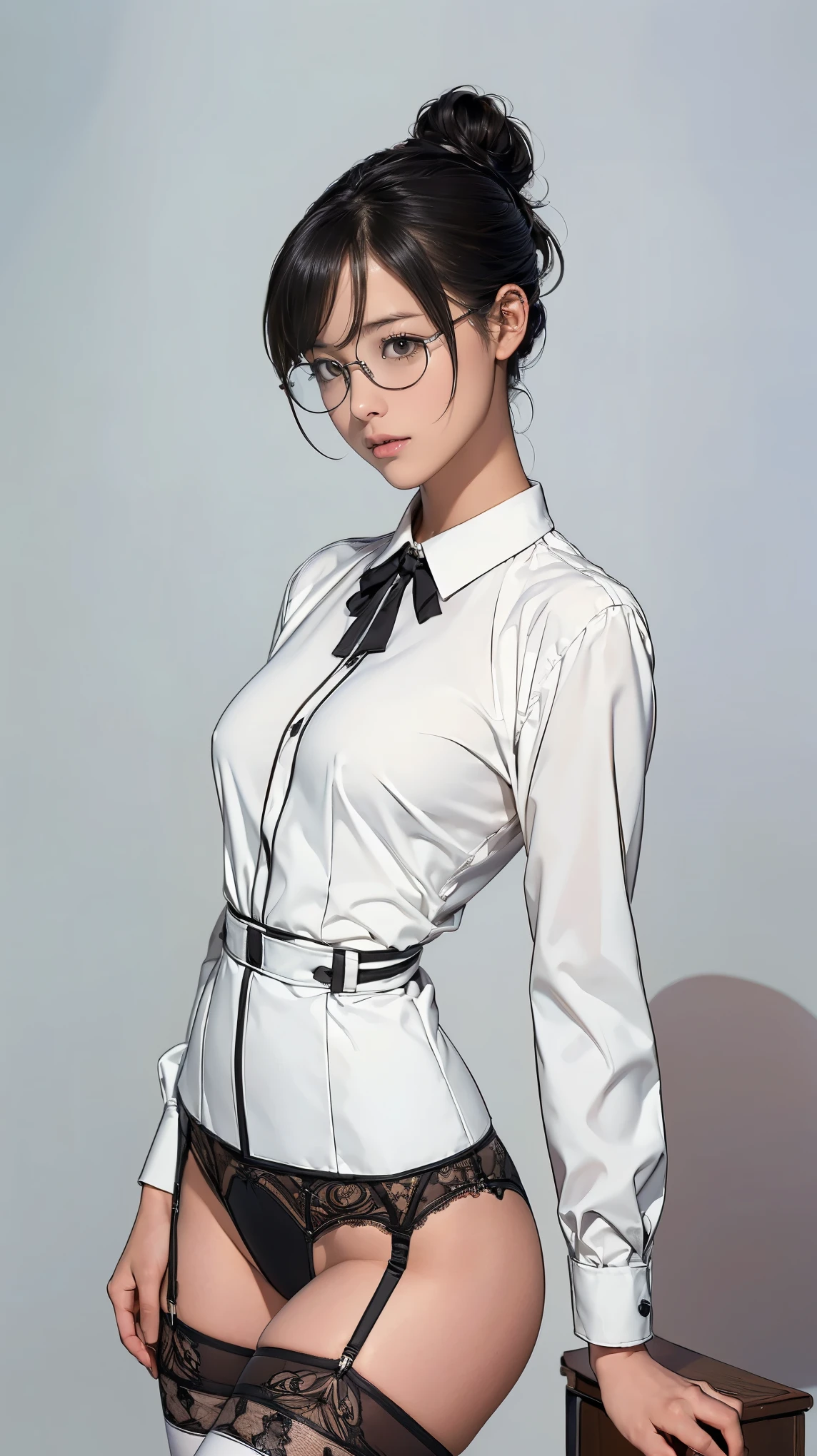 ((masterpiece)),(((highest quality))),((Reference Sheet, Character Design, front, return, ~ ~ side, Mr..々Hairstyle, Mr..々Performance, Facial Expressions)), 14-year-old girl, Cute type, (Very slim:1.4), (Very small ass:1.4), Realistic buttocks, Big Breasts, Short Bob, Thin thighs, Long legs, It's not a big deal, ((female secretary,,White blouse,Black sexy panties,garter belt,Garter Stockings,Rim Glasses,Hair-Up Styles,beautiful, Well-proportioned face,Big Breasts,Slim and toned waist,beautiful leg lines)), ((Browsing Caution:1.0))