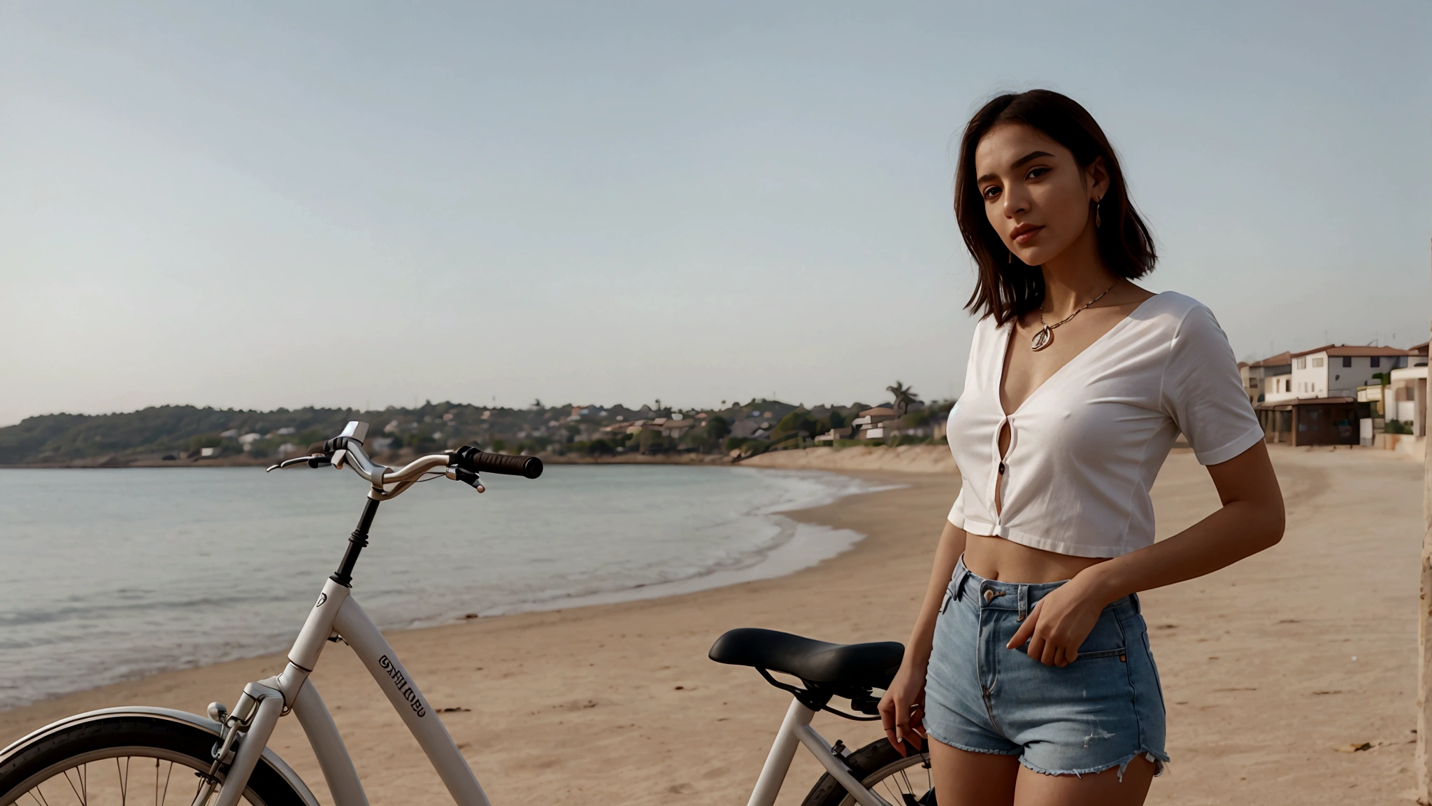 a woman in a white top and rosa shorts is standing next to a bike with a Amarelo Fundo and, por Quentin Tarantino, 1 garota, pulseira, rosa short cabelo, joia, caixa de correio, lips, rosa short_cabelo, inventar, Grande_seios, barriga, unha_Polish, umbigo, colar, Nariz, Laranja_sky, rosa_shorts, realista, shorts, Sozinho, sol, solset, tatuagem,pulseira, Amarelo_Fundo, Amarelo_sky, beautiful detalhado glow, detalhado, cinematic light, detalhe intrincado, high resolution, detalhado facial features, alto detalhe, sharp focus, suave, aesthetics, extremely detalhado, carimbo, octane rendering,