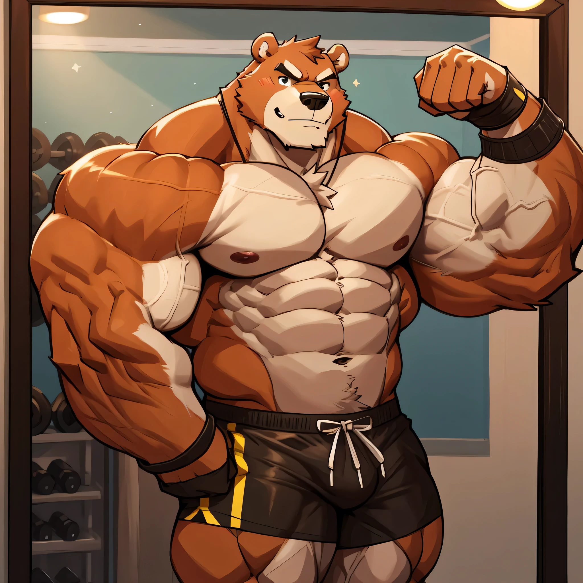 solo, 1boy, Huge Muscular Old Grizzly Bear wearing glasses , pectoral, huge pectoral, wide pectoral, short white hair, short pants black wristbands and shirtless topless, bearded, Mustache, gym background, masterpiece, high detailed, 8k, high resolution, at the gym, dropping down, pushups,
