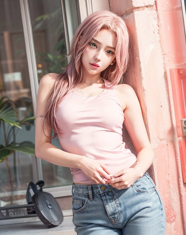 young woman, short shoulder-length pink hair, wide forehead, porcelain skin, pink eyebrows, big emerald green eyes, buttoned nose, full lips, heart-shaped face, slender body, small breasts, red tank top, Sakura Haruno , realistic, realism, details, 3d, well detailed