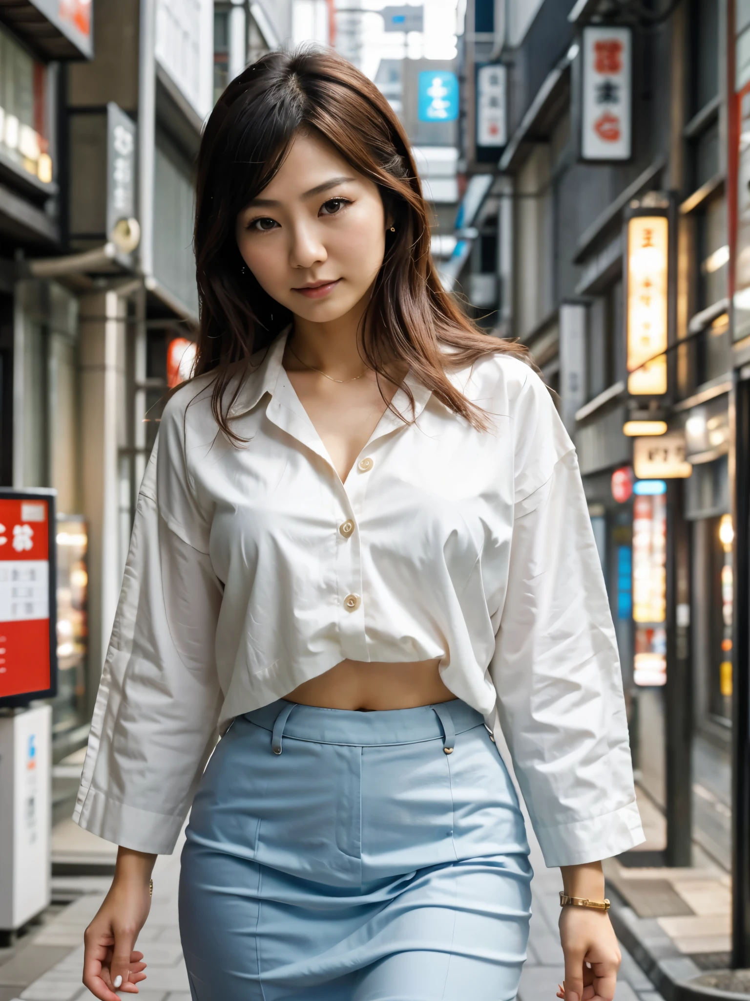 masterpiece, best quality, 8k, super detailed skin, perfect anatomy, 1girl, skirt and jacket, (tokyo shibuya street:1.3), (depth of field),(Lens Glow) ,Sony 7, 35mm, f1.8, physically-based rendering,