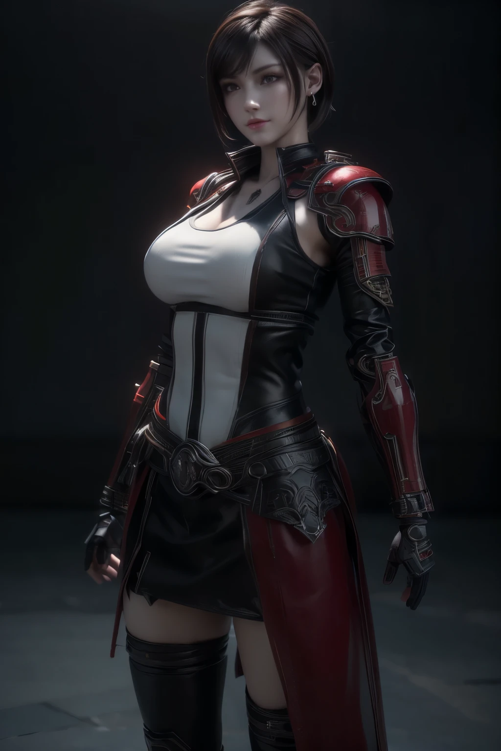 masterpiece,Game Art,Best picture quality,Maximum resolution,8K,((Above the waist:1.5)),(A bust photo),(portrait),(Head close-up),(Rule of Thirds),Unreal Engine 5 rendering works,(Digital Photography),(real picture:1.2),
20 year old girl,Short hair details,Long bangs,A face rich in detail,(The red eye makeup is carefully applied),(White,Red eyes with short hair,(Large target, Full breasts),Elegance and nobility,Brave and charming,
(Futuristic battle suit combined with medieval fantasy,Open coat,Combined Armor,Weapon Accessories,The costumes are rich in detail),Cyberpunk Characters,simple background movie lights,Ray tracing,Game CG,((3D Unreal Engine)),(Head focus),OC rendering reflection mode