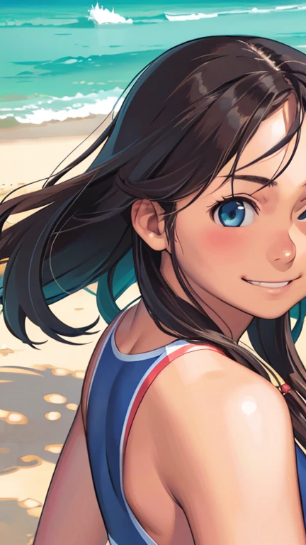 highest quality、Realistic、female、zoom、Chestnut Hair、Turquoise Eyes、Long Hair、athlete、muscle、Swimwear、athlete、muscle、Sunburned、Tan Skin Smile、Ocean、Looking down、、Bust Shot、