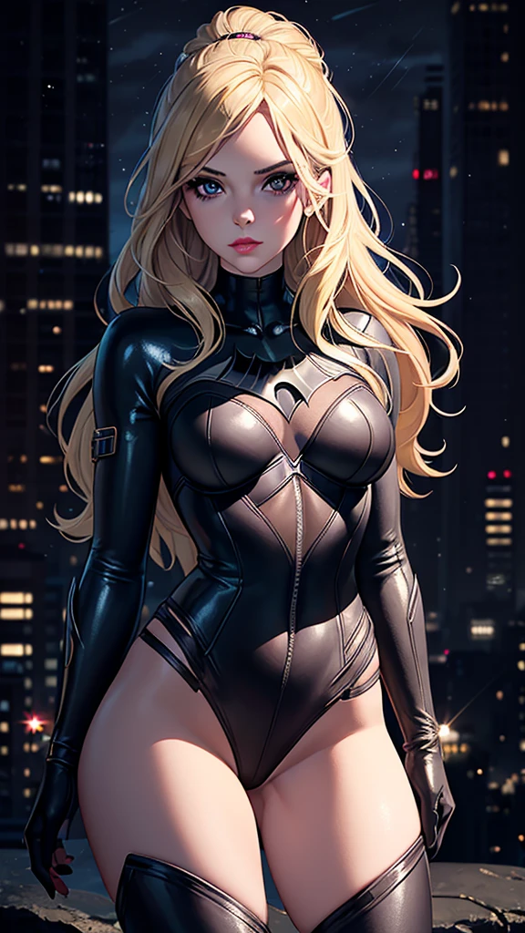 realistic, best quality, (masterpiece:1.2), absurdres, (1girl, solo), fashion photography of superhero, lips, small breasts, beautiful, makeup, mascara, lip gloss, blonde hair, a beautiful woman wearing Black Canary Costume , full body portrait, soft design, natural lights, looking at viewer, (Dark midnight Gotham City background:1.3)