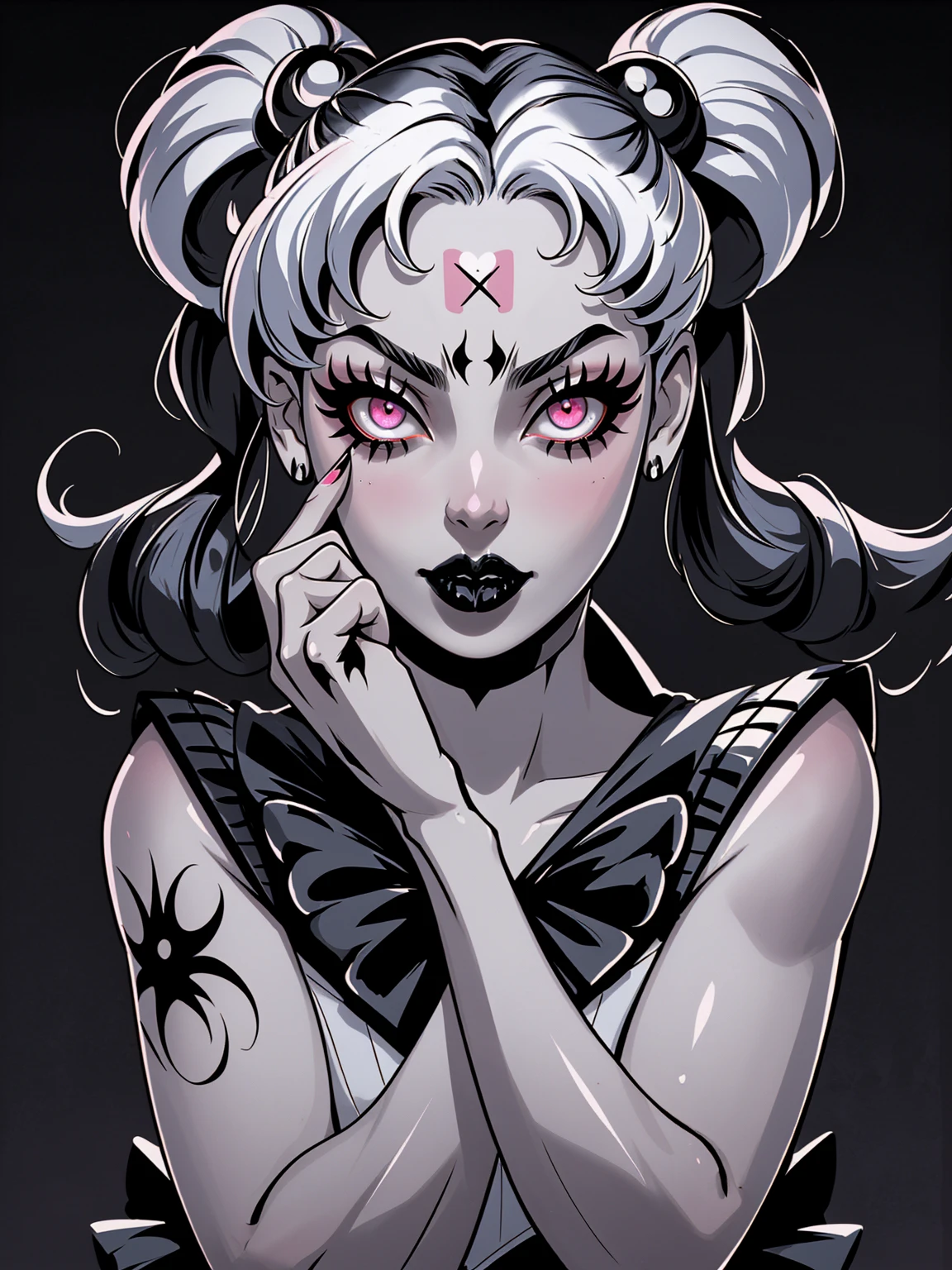 masterpiece, best quality, 1girl, gothic, black lips, solo, black hair, makeup, twin tails, hair buns, (sailor moon), half-cycle, correct hands, proportional fingers, detailed hands, detailed face, detailed body, multicolored white hair, bangs, eyeshadow, tattoos, hair bow, bow, lipstick, two-tone hair, black background, ultra-detailed, professional, bokeh, hentai, illustration, vivid colors, portraits, sharp focus, horrified color palette, dramatic lighting