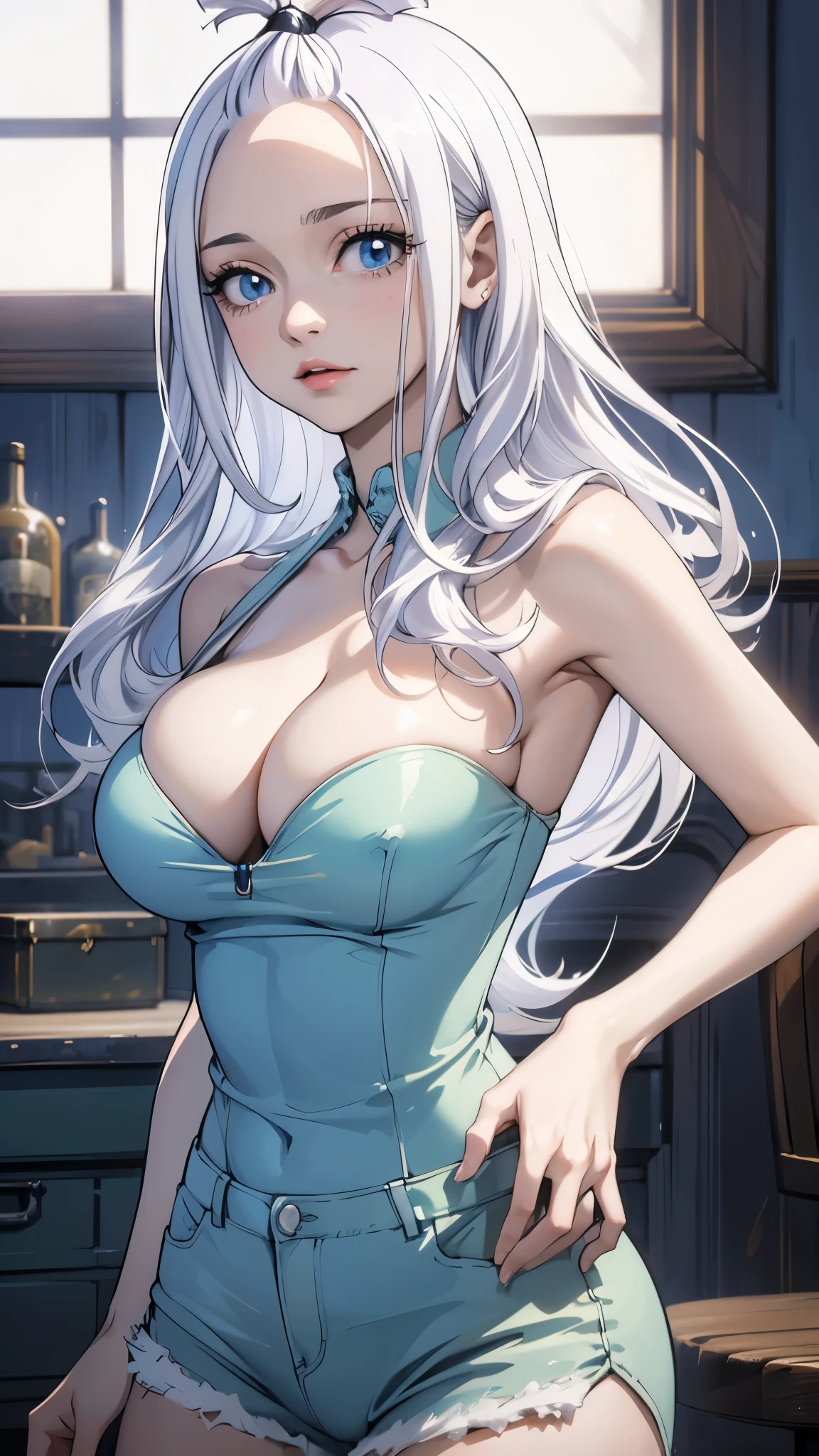 (best quality,highres:1.2),ultra-detailed,realistic,photorealistic:1.37,a beautiful girl (Mirajane Strauss from Fairy Tail) model in the image of a charming sexy bitch with small horns,17 years old,long legs,medium breasts,extremely detailed face (with emphasis on azure eyes and she smile),Her white-colored hair falls to her shoulders.She is dressed in short blue denim shorts and a very short top (very shabby and torn in places),bent down, lifting her ass to the top,more sexy pose,illustration,colorful pop up art style,dynamic lighting,neon colors.Nsfw