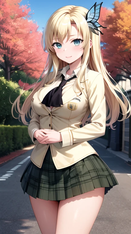 masterpiece, best quality, highres, Kashiwazaki Sena, long hair, hair ornament, large breasts, black neckerchief, blazer, green jacket, long sleeves, plaid skirt, green skirt, standing, cowboy shot, outdoors